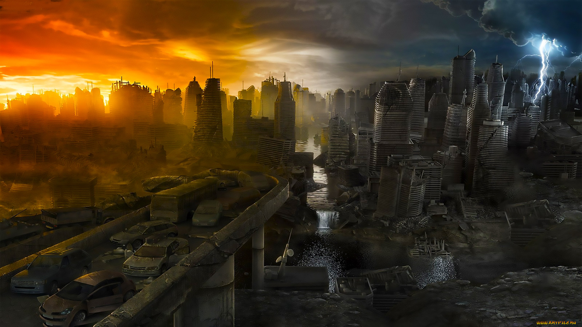 Разрушенные небеса. Разрушенный город. Город после апокалипсиса. Разрушенный город будущего. Конец света.